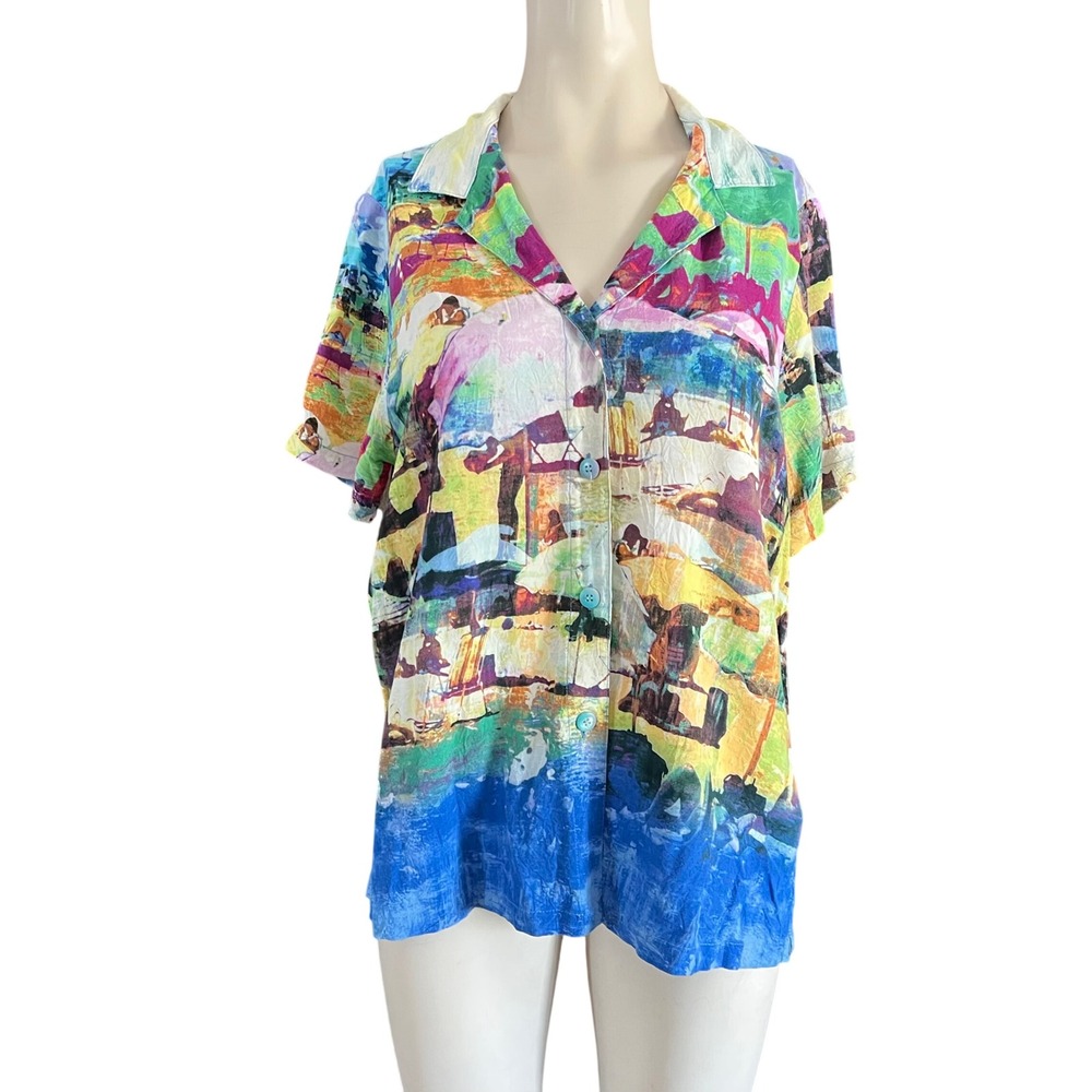 Jams World Made in Hawaii Rayon Beach Landscape Print Button Up Shirt Large